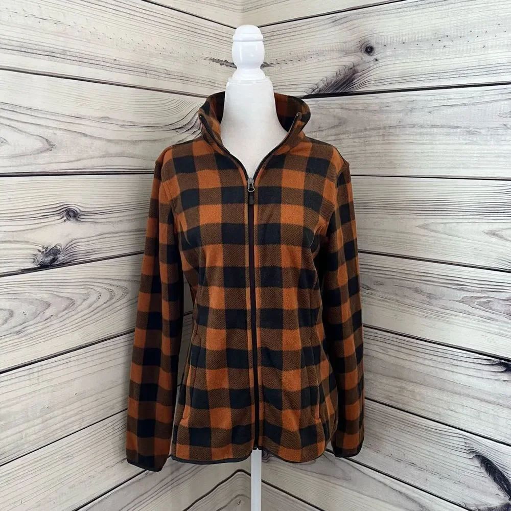 Fall Orange & Black Plaid Full Zip Fleece Jacket